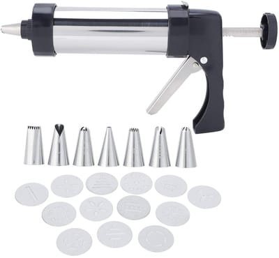 Dailygoods- Koekjesmaker Kit - Roestvrij Staal - Taartversieringsgereedschap - 7 Nozzles - 13 Koekjesgereedschappen - Opbergdoos - 15x25,5 cm - Bakset