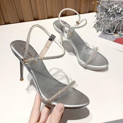 Lente Kristal Nieuwe Puntige Neus Riem Stiletto Professionele Sandalen Super Hoge Hak Mode Bruiloft Dames Enkelschoenen 40 gray