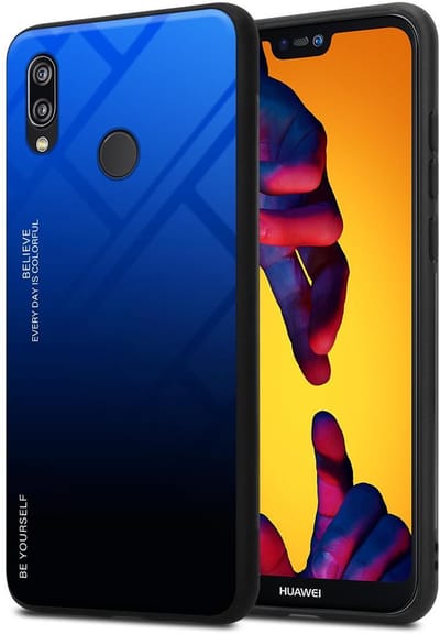 Cadorabo Hoesje geschikt voor Huawei P20 LITE 2018 / NOVA 3E in BLAUW - ZWART - Tweekleurige beschermhoes van TPU-silicone Case Cover en achterzijde van gehard glas
