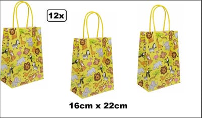 12x Koordtas Jungle dieren 16cm x 22cm - Goodiebag papieren draagtas tas|koord festival kado themafeest party geschenken verjaardag