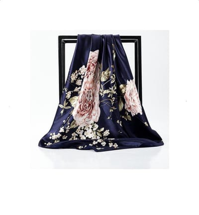 Stijlvolle Sjaal Donkerblauw met Rose Roos en beige kleur - Hoofdband - Sjaaltje - Bandana - Haarband - Pashmina | Afmeting 90 x 90 cm | Prachtige glans | Chique om nek of aan tas!