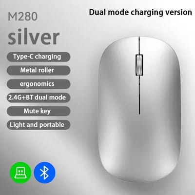 2.4G Draadloze Bluetooth Muis Dubbele Modus 1600DPI Instelbaar 2.4G Type-C Oplaadbare Muis Stille Ergonomische Draagbare Kantoor Muis zilver