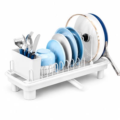 BOTC Afdruiprek - Klein Compact met verwijderbare Bestekhouder - 360° draaibare Afvoer - Multifunctioneel RVS Afdruiprek - Wit