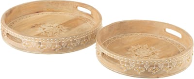 J-Line plateau met 2 handvaten Kralen - hout - naturel/wit - 2 stuks