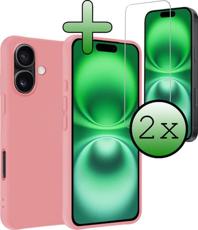 Hoesje Met 2x Screenprotector - Geschikt voor Apple iPhone 16 - Sterk & Shockproof - Back Cover - Siliconen Case - Telefoon Hoes - Lichtroze