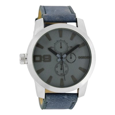 OOZOO Timepieces - Zilverkleurige horloge met blauwe leren band - C6101