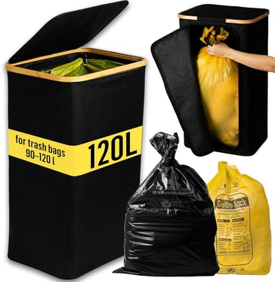 Afvalzakstandaard - Vuilnisemmer - Afvalscheiding thuis - Inklapbaar bamboeframe - 120 liter capaciteit - Zwart