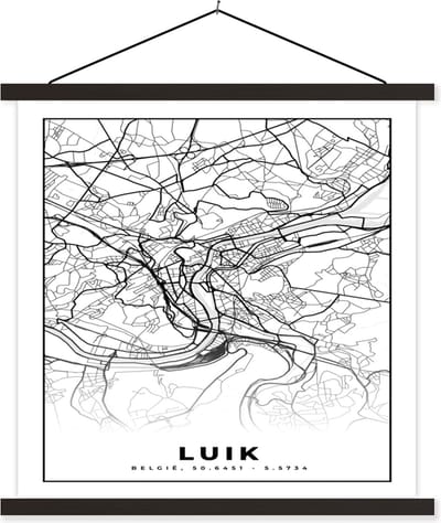 Posterhanger incl. Poster 60x60 cm - Schoolplaat - Stadskaart – Zwart Wit - Kaart – Luik – België – Plattegrond - Textielposter - Zwarte latten - Stadskaart