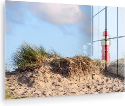 MuchoWow® Glasschilderij 120x80 cm - Schilderij acrylglas - Strand - Vuurtoren - Duin - Foto op glas - Muurdecoratie woonkamer - Wanddecoratie slaapkamer - Schilderijen