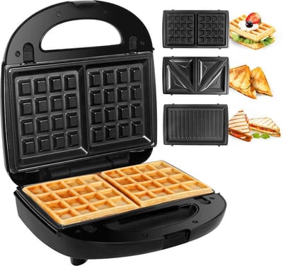 Wafelijzer met Verwisselbare Platen - Tosti Apparaat Anti Aanbak - Panini Grill - 3 Verschillende Platen - Zwart - 750W