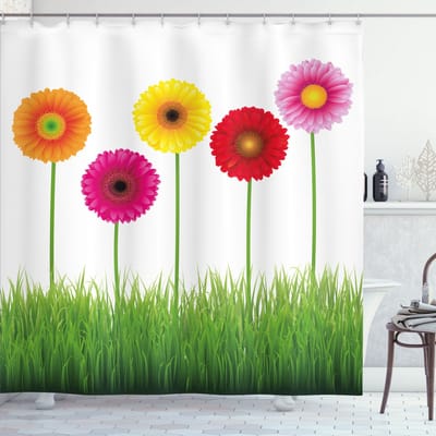 New Bed, Gerbera Farmhouse Bloemen op Gras Douchegordijn Badkamer Decor Set met Haakjes 180 cm B 200 cm L