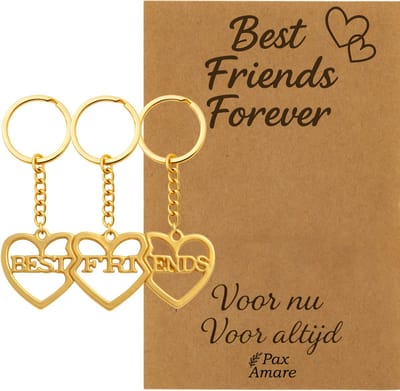 BFF Sleutelhanger voor 3 'Best Friends Forever' - 3 hartjes - Best Friends - Sleutelhangers op Cadeau Kaartje - Goudkleurig - Vriendschap Symbool - Pax Amare