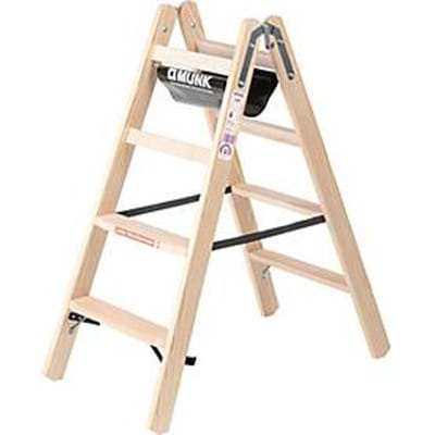 Munk® houten trap, naaldhout/beuken, 80 mm geribbeld, hoefijzerscharnieren, 150 kg, emmerhaken, textiel gordelspreider veiligheidsvoorziening, 8 treden