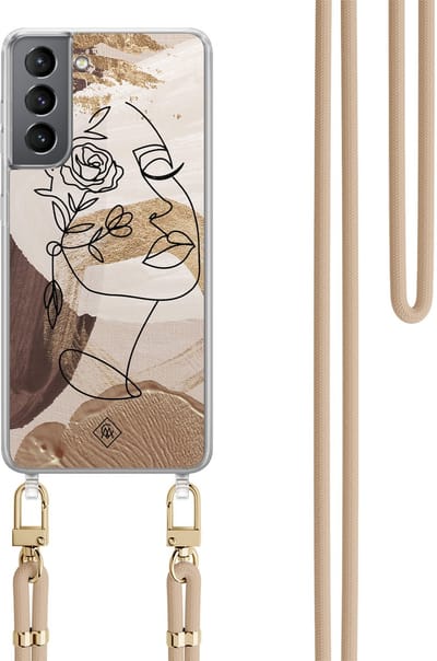 Casimoda® hoesje met beige koord - Geschikt voor Samsung S21 Plus - Abstract Gezicht Bruin - Afneembaar koord - TPU/polycarbonaat - Bruin/beige