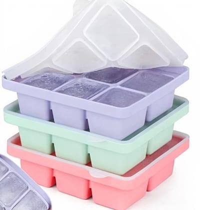 ZYLARO 3-delige siliconen ijsblokjesvorm - ijsblokjesvormen - met deksel - vaatwasmachinebestendige - 3x6 cellen 5 cm grote ijsblokjes - voor bier, cocktails, whisky, koude dranken, ijs, babysnacks - groen/paars/roze - Gepatenteerde producten