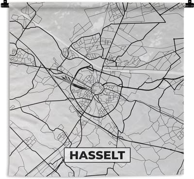 Wandkleed - Wanddoek - Stadskaart – Plattegrond – België – Zwart Wit – Hasselt – Kaart - 180x180 cm - Wandtapijt