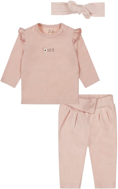 Dirkje - Basic Collection - BIO COTTON - Broek Light Dusty Pink - Shirt Light Dusty Pink met print - met haarbandje - Maat 50