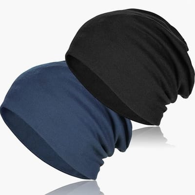2 stuks modieuze slouchy mutsen voor dames en heren, elastische muts, zachte lichtgewicht chemo-muts, slaapmuts voor alle seizoenen, (Zwart + Marineblauw)