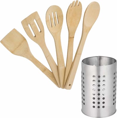Bamboe hout keuken spatels/lepels set 5-delig met metalen houder van 11 x 18 cm