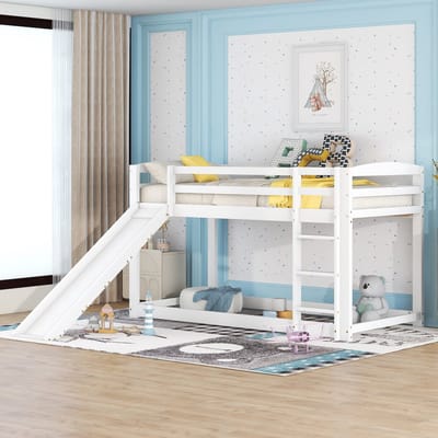Stapelbed - 90x200 cm - Met Glijbaan - Massief Houten Frame - Grenenhout - Wit