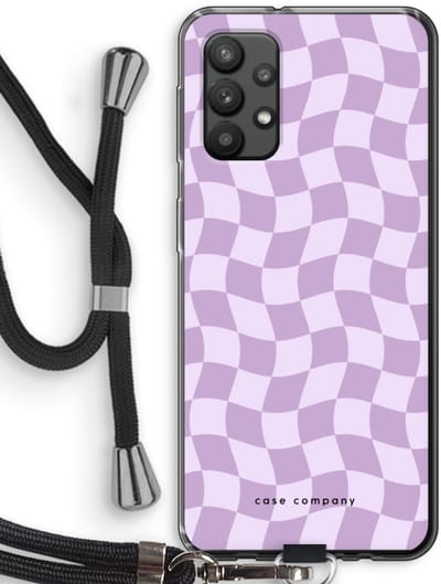 Case Company® - Hoesje met koord geschikt voor Samsung Galaxy A32 4G hoesje met Koord - Grid Paars - Telefoonhoesje met Zwart Koord - Bescherming aan alle Kanten en Over de Schermrand