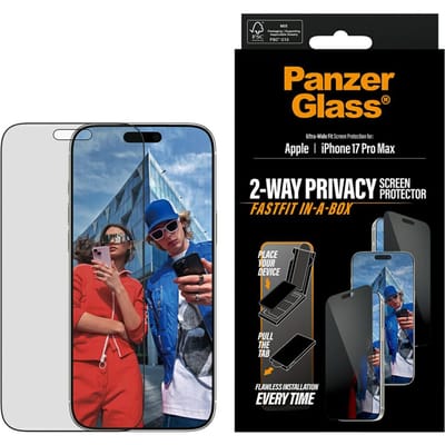 PanzerGlass Screenprotector geschikt voor Apple iPhone 17 Pro Max Glazen | PanzerGlass FastFit Screenprotector Privacy - Case Friendly - Zwart