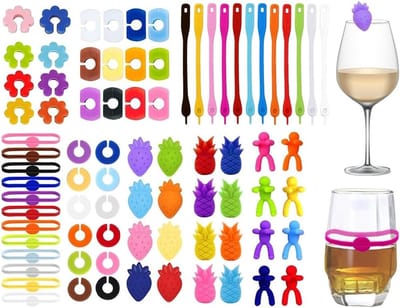 Set van 80 Kleurrijke Glazen Markers en Silicone Labels voor Wijnglazen, Ideaal voor Feestjes en Evenementen
