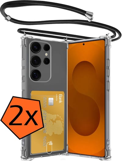 Hoesje Geschikt voor Samsung S25 Ultra Hoesje Met Telefoonketting Pasjeshouder Shockproof Case Koord - Hoesje Geschikt voor Samsung Galaxy S25 Ultra Hoes Met Kaarthouder - Transparant - 2 PACK