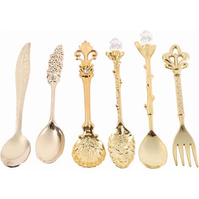 6 stuks/set Retro Koninklijke Stijl Metalen Mini Koffielepels en Vork Keuken Fruitaccessoires Goud beige