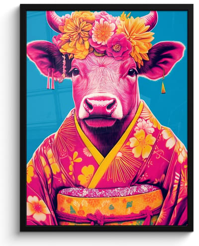 Poster in lijst - Fotolijst 50x70 cm - Posters - Koe - Bloemenkrans - Oorhangers - Kimono - Posterlijst zwart - Decoratie - Wanddecoratie woonkamer - Muurdecoratie slaapkamer