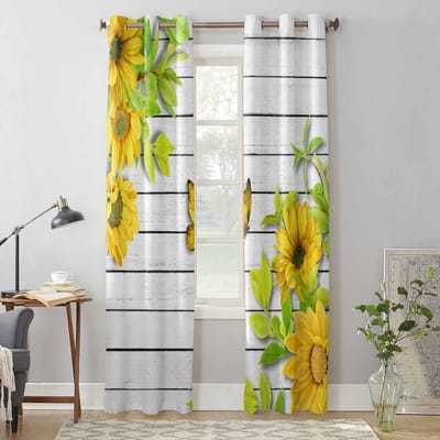 Zonnebloem Bloem Vlinder Houten Bord Raamgordijnen voor Woonkamer Slaapkamer Gordijn Modern Keuken Jaloezieën Draperieën Gordijnen 135W x 60H(cm) x1 yellow