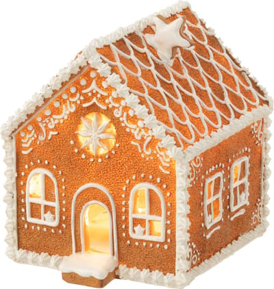 J-Line decoratie Huis Peperkoek Vierkant Ster - polyresin - bruin - medium - LED lichtjes