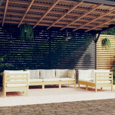 vidaXL - 7-delige - Loungeset - met - crèmekleurige - kussens - massief - grenenhout