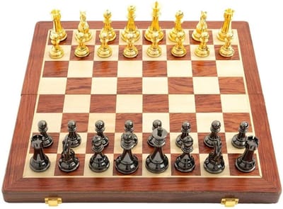 Houten Schaakspel - Schaakbord Set - Intellectueel Spel - Opvouwbaar Ontwerp - 39.5cm - Goud Zwart