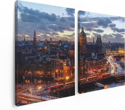 Artaza Canvas Schilderij Tweeluik Amsterdam Centrum Luchtfoto Zonsondergang - 120x80 - Foto Op Canvas - Canvas Print
