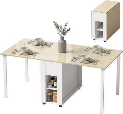 Eettafel Inklapbaar - Keukentafel Uitschuifbaar - Ruim Eten - Met Laden En Planken - 168x85x73 cm - Natuurlijk Hout Wit