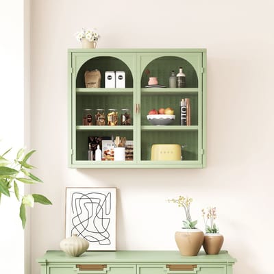 Wandkast - 70 cm groen - geweven patroon & 3 opbergniveaus - ijzer + gehard glas - muurmontage