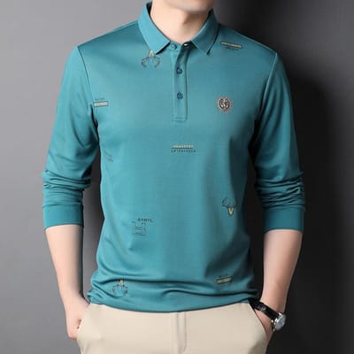 Lente NIEUW Lange Mouw Effen Kleur Katoenen T-shirt Heren Revers Ondergoed Blouse Middelbare Leeftijd Vrijetijds T-shirt 3XL blue