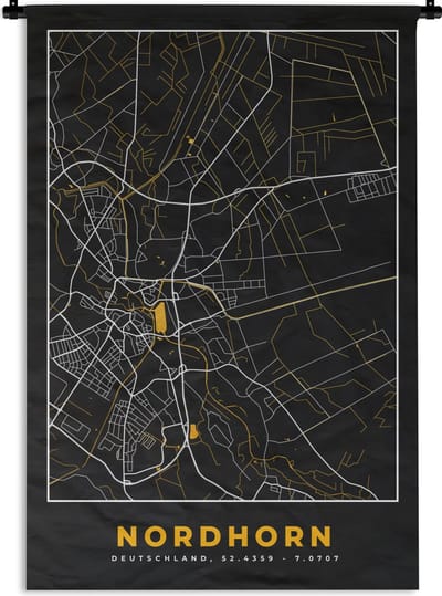 Wandkleed - Wanddoek - Nordhorn – Stadskaart – Gold – Plattegrond – Stadskaart – Kaart - Duitsland - 120x180 cm - Wandtapijt