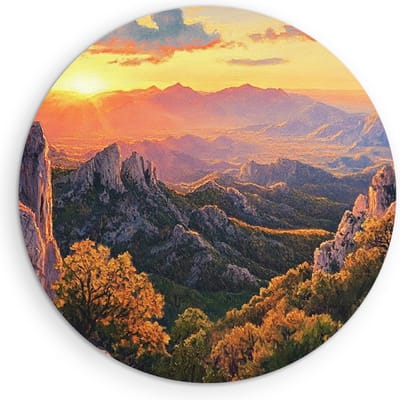 Saammp Muurcirkel Hout - Natuur - Bergtoppen met bomen - landschap - Ø 90 - Wandcirkel - Wanddecoratie Cirkel - Muurdecoratie Woonkamer - Slaapkamer decoratie - Rond Schilderij