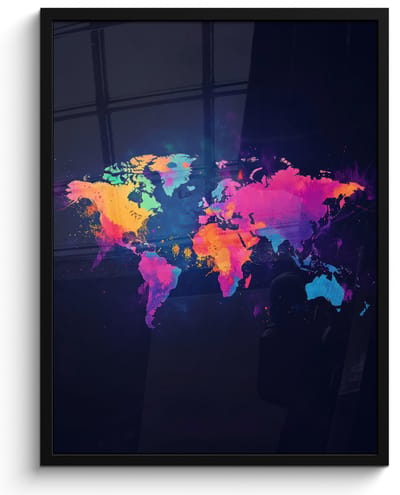 Poster in lijst - Fotolijst 60x80 cm - Posters - Wereldkaart - Kleurrijk - Graffiti - Posterlijst zwart - Decoratie - Wanddecoratie woonkamer - Muurdecoratie slaapkamer