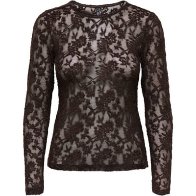 Only bruine dames top   Ronde hals   Slim Fit   Geen zakken   Kant patroon   Duurzaam   Lange mouw Bruin XS