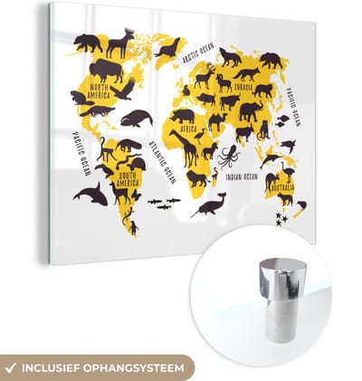 MuchoWow® Glasschilderij 80x60 cm - Schilderij acrylglas - Wereldkaart - Dieren - Geel - Foto op glas - Schilderijen