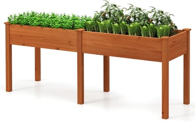 KOMFOTTEU Houten verhoogde plantenbak met 8 afwateringsgaten, verhoogde tuinbak met scheidingswand, kruidenbak voor op het balkon, plantenbak van dennenhout voor groenten, bloemen en fruit, 184 x 58 x 77 cm (geel)