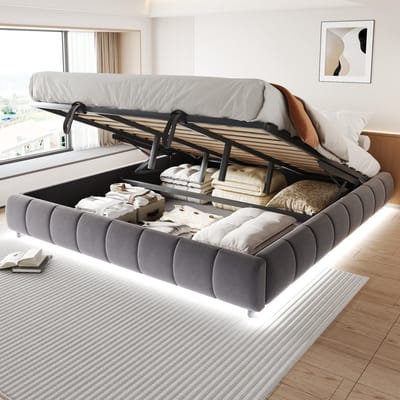 Wishdor Opbergbed 180x200 cm – Hydraulische Lift & LED-Lichtstrip – Zonder Hoofdbord – Fluweel Grijs – Minimalistische Opberger