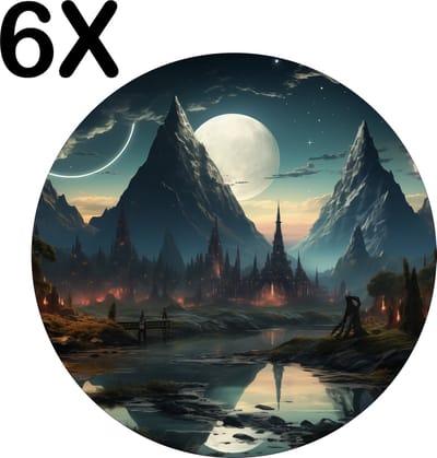 Luxe Ronde Placemat - Getekend - Nacht - Puntige Stad - Maan - Bergen - Set van 6 Placemats - 50x50 cm - 2 mm dik Vinyl - Anti Slip - Afneembaar