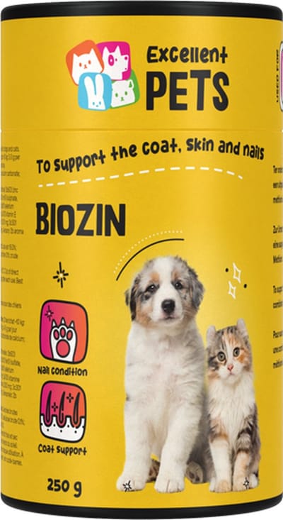 Excellent Pets Huid, vacht en nagels 250 gr - Bevat Biotine, Zink, Methionine en Keratine - Weerstand Hond & Kat Supplementen - Biozin