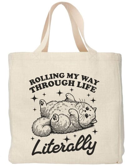 Creasowl® - Rolling my way through life, literally tote bag - Boodschappentas 38 x48 cm - Polylinnen- Kat tas - Shopper - Canvas tas - Boodschappen tas - Totebag - Schoudertas - Draagtas - Katten mama