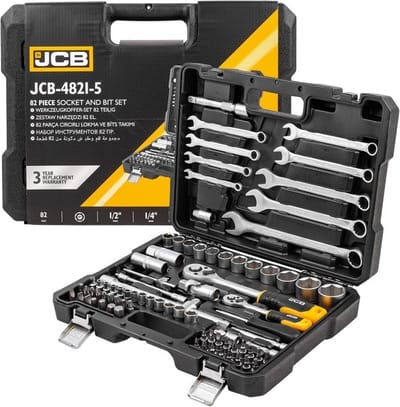 JCB Professionele 82-Delige Dopsleutel Set - Met Momentsleutel Ratel & Verlengstuk - Doppenset Doppendoos Torx/Inbus/Hex/Kruiskop/Philips Bit Doppen Set - Ratelset Hoogwaardig Chroom-vanadiumstaal - Met Snelwisselsysteem - 1/4" & 1/2" Inch