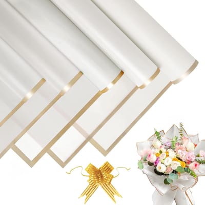 20 Vellen Bloemen Inpakpapier met 10 Stuks Strikjes - 58x58cm Wit met Gouden Rand - Waterdicht Inpakpapier voor Boeketten, Cadeaus en Feestdagen